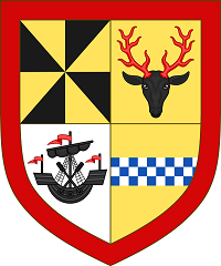 ​ Arms of Campbell of Airds Arms: Quarterly 1st gyronny of eight Or and Sable 2nd Or a stag’s head caboshed Sable attired Gules 3rd Argent a galley sails furled oars in saltire Sable 4th Or a fess chequy Azure and Argent all within a bordure Gules.