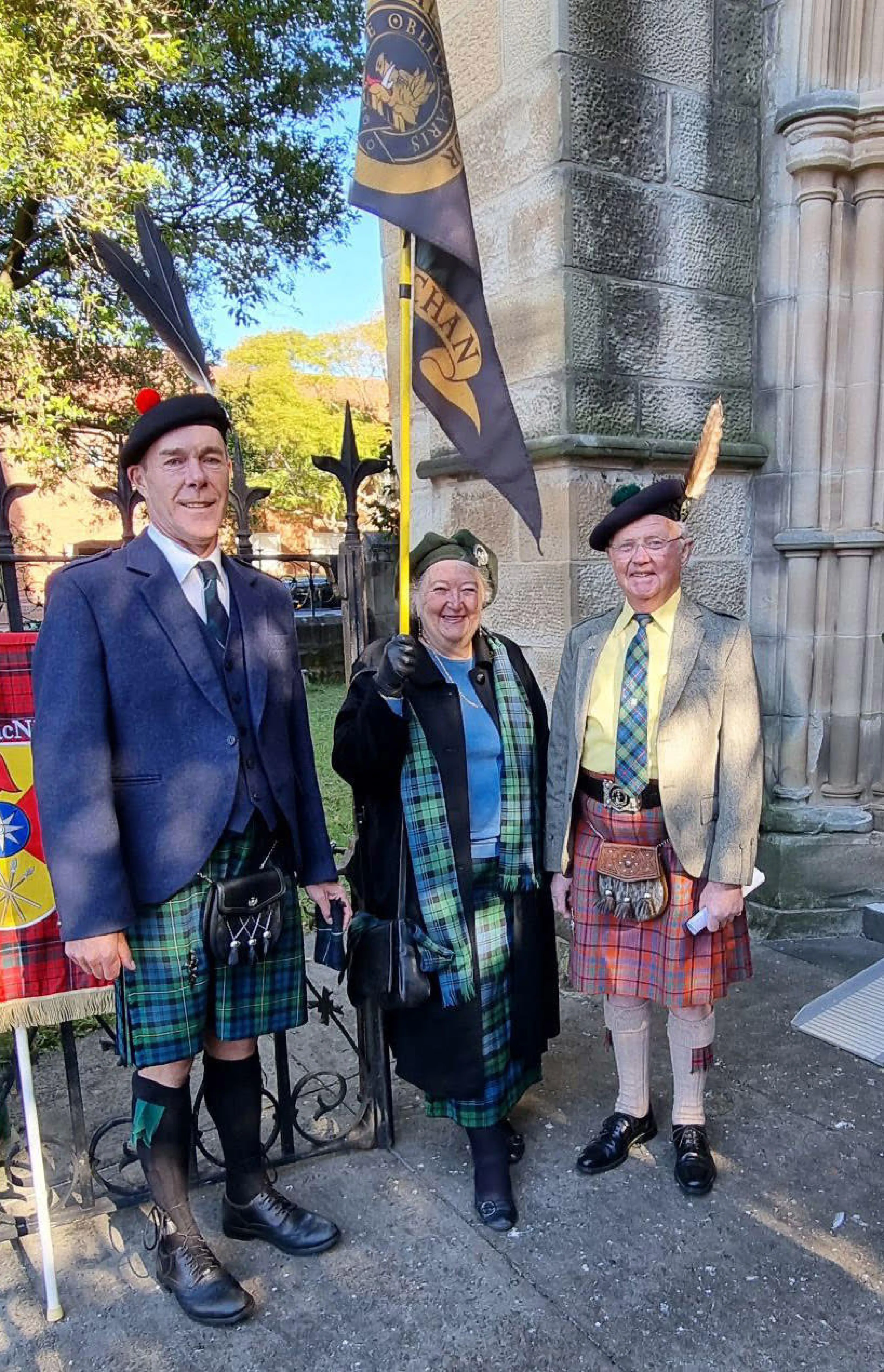 Hunter Bailey Presbyterian Church Kirkin -o- the Tartan, with our Patron and Guest of Honour for Scottish Week, Simon Abney-Hastings, Earl of Loudoun on left, Barbara Gurney center, and the SAHC Patron Malcolm Murray, Earl of Dunmore on right