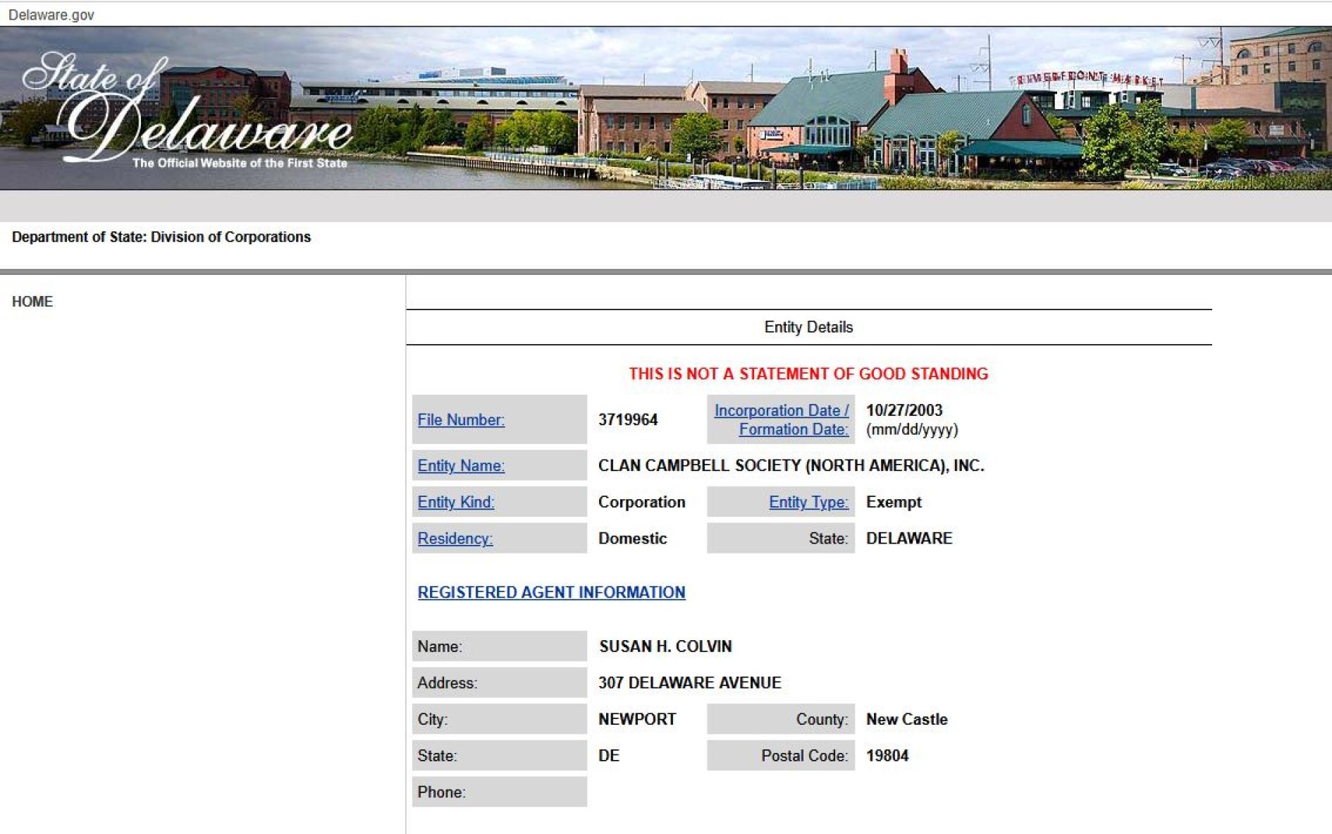 State of Delaware, Department of State: Division of Corporations, 2003 Certificate of Incorporation, Screenshot